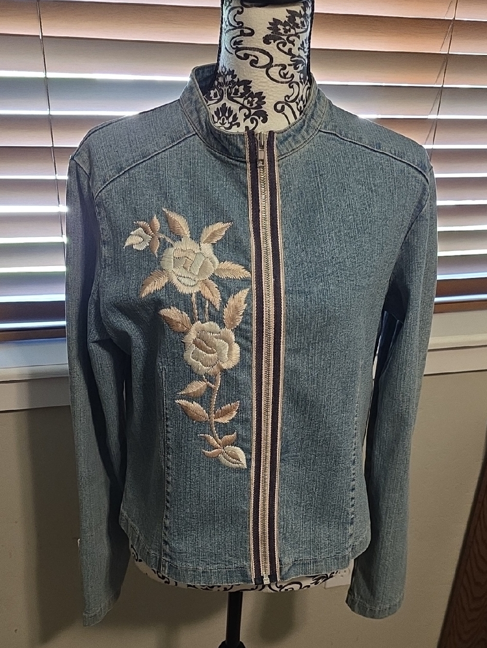 Doncaster Light Blue Denim Jacket with Cream Embroidered Roses and Stripe Trim